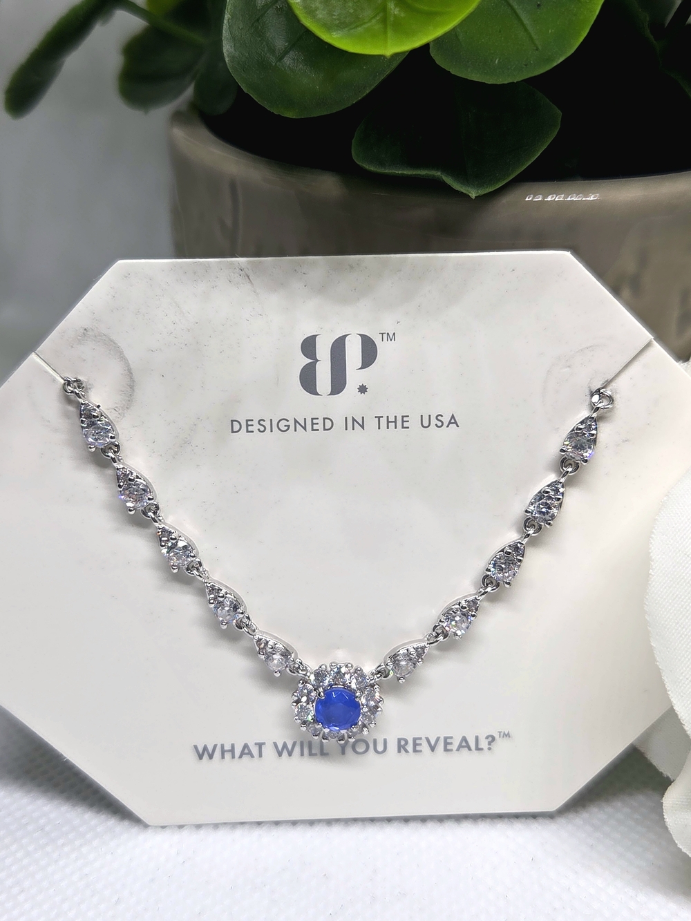 BP Silver Necklace with Cornflower Blue Center and Clear Accents
